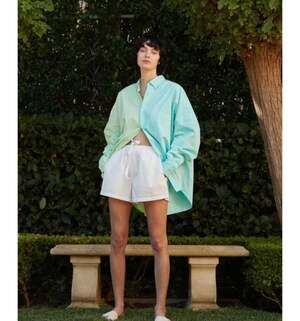 Blanca Henrietta Oversized Button Down Shirt in Lime and Blue